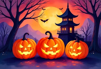 Whimsical Halloween watercolor scene featuring three glowing jack-o'-lanterns near a traditional Japanese pagoda, eerie trees and bats under a colorful spooky sky