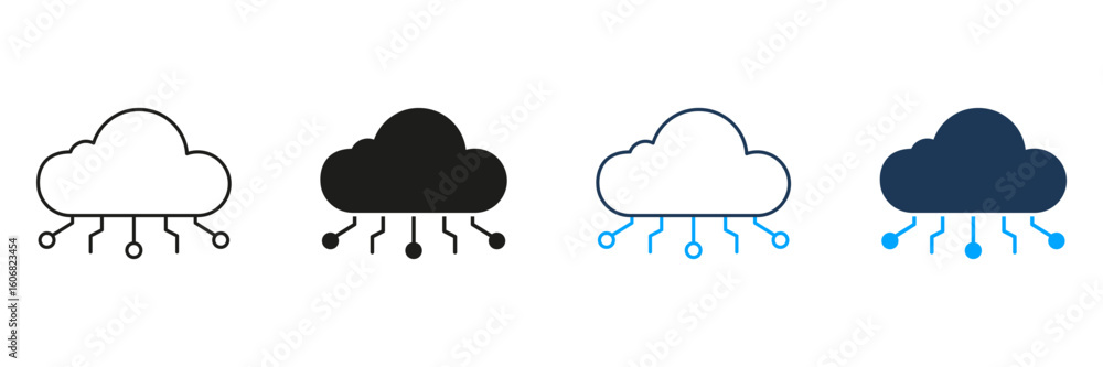 Aufkleber cloud computing network line and solid icon set. digital connectivity and data storage symbol collec