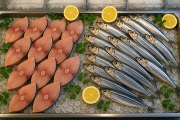 Fresh Seer Fish Fillets and Whole Anchovies Displayed with Lemon at Seafood Market

