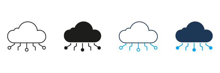 Cloud Computing Network Line And Solid Icon Set. Digital Connectivity And Data Storage Symbol Collection. Technology Infrastructure And Internet Services Representation. Isolated Vector Illustration