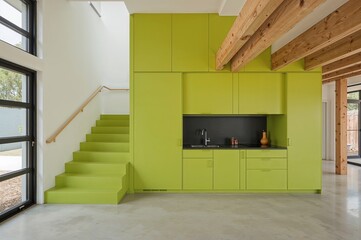 Interior design of a minimalist apartment with wooden beams