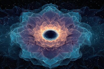 A stunning blue flower with a captivating black center, set against a dark background reminiscent of a black hole, creating a surreal and mesmerizing image.