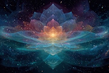 A vibrant flower with a glowing star in the background, creating a mesmerizing cosmic harmony. The futuristic and psychedelic design adds a unique touch to this mystical image.