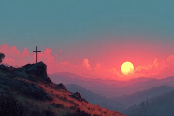 A serene scene of a cross standing on a hill with a beautiful sunset in the background, creating a peaceful and spiritual atmosphere.