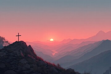 A serene image of a cross standing on a hilltop, silhouetted against a stunning sunset in the background. The warm colors of the sky create a peaceful and spiritual atmosphere.