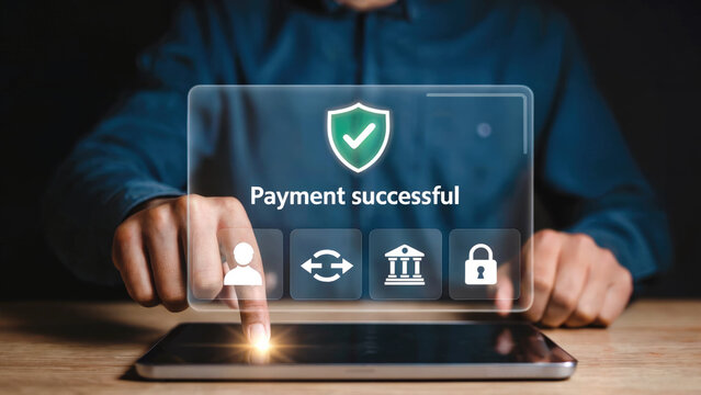 Secure digital transaction confirmed with successful payment and verified security icons on interactive screen