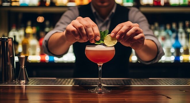 Skilled bartender meticulously garnishing a vibrant cocktail with fresh lime and mint, creating a perfect drink experience at a stylish bar counter during an evening event. - Powered by Adobe