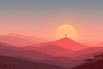 A serene sunset scene with majestic mountains in the background and a cross standing on a hill in the foreground, creating a peaceful and spiritual atmosphere.