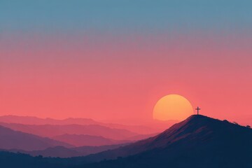 A serene landscape showcasing a cross standing on a hilltop during sunset, creating a peaceful and spiritual atmosphere.