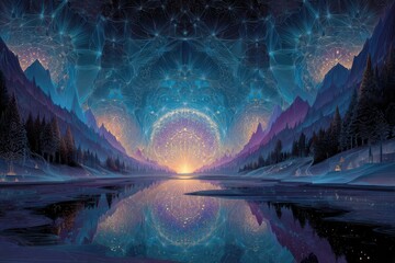 This stunning painting depicts a tranquil mountain lake under a star-filled sky, creating a serene and mystical atmosphere.