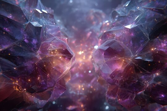 A mesmerizing purple and blue abstract background filled with shimmering crystals, creating a mystical and futuristic atmosphere.