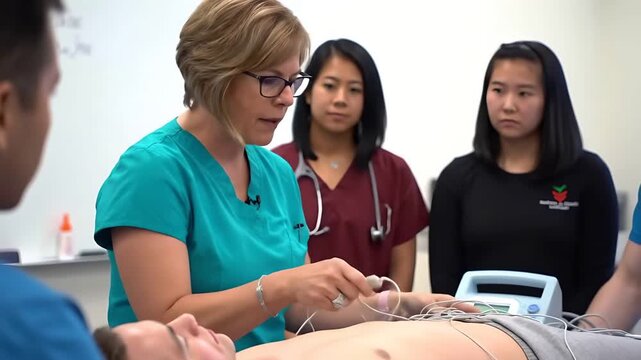 Instructor demonstrates EKG electrode placement on patient to nursing students in a classroom setting, offering practical medical training