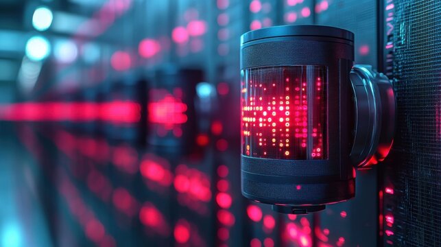 Server Equipment with Red Lights in a Data Center - Powered by Adobe