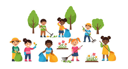 diverse children cleaning park, isolated illustration