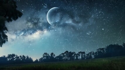 A video with a night sky dotted with stars and silhouettes of trees. Great for meditative videos and advertising of tourist places.
