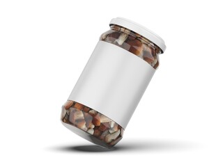 Marinated porcini mushrooms glass jar mockup template on isolated white background, 3d illustration