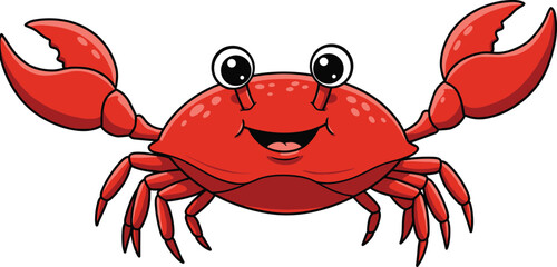 Cute smiling cartoon red crab with big eyes and claws, perfect for kids, ocean themes, educational, animation, and design use