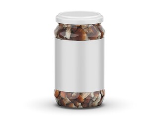 Marinated porcini mushrooms glass jar mockup template on isolated white background, 3d illustration