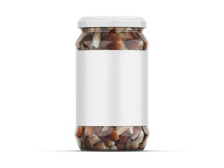 Marinated porcini mushrooms glass jar mockup template on isolated white background, 3d illustration