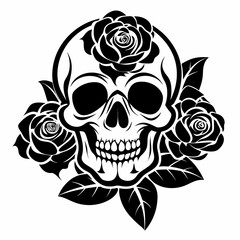 Skull with Roses vector clean black silhouette design white background