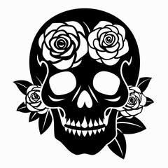 Skull with Roses vector clean black silhouette design white background