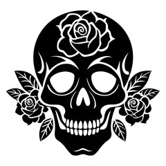 Skull with Roses vector clean black silhouette design white background