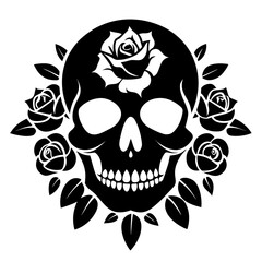 Skull with Roses vector clean black silhouette design white background