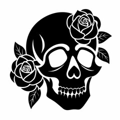 Skull with Roses vector clean black silhouette design white background