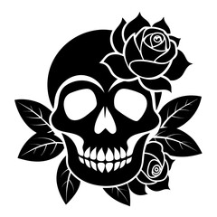 Skull with Roses vector clean black silhouette design white background