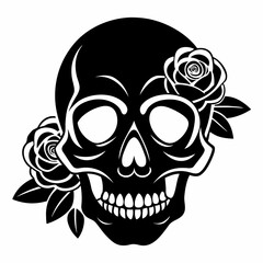 Skull with Roses vector clean black silhouette design white background