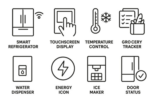 Smart kitchen icons: refrigerator, touchscreen, temperature, grocery, water, energy, ice, door