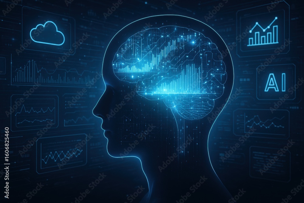 Poster artificial intelligence: a mesmerizing digital image depicting a human brain illuminated with intric