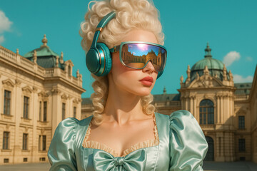 Baroque-haired woman in silk gown wears futuristic mirrored visor headphones outside ornate palace, playful past-meets-future fashion fantasy, generative AI