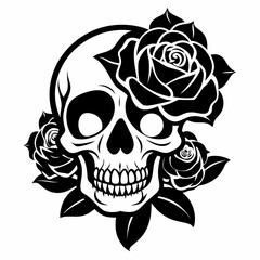 Skull with Roses vector clean black silhouette design white background