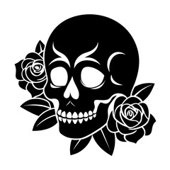 Skull with Roses vector clean black silhouette design white background