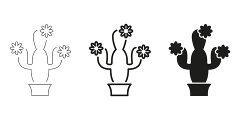 Cactus With Flowers In Line, Outline, And Glyph Icon Set. Desert Plant And Succulent Symbol Collection. Nature And Botanical Design Elements. Isolated Vector Illustration