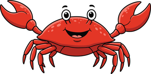Happy cartoon red crab with big smiling face and claws, perfect for children’s books, beach themes, and ocean illustrations