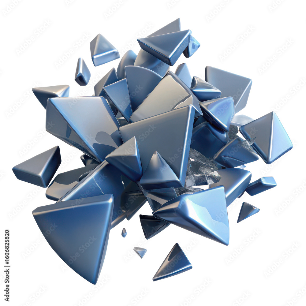 Poster abstract cluster of metallic blue geometric octahedron shapes with sharp edges and reflective surfac