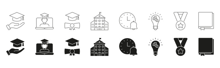 Education And Achievement Icon Set. Graduation, Online Learning, And Academic Success Symbol Collection. School, Time Management, Innovation, And Recognition Elements. Isolated Vector Illustration