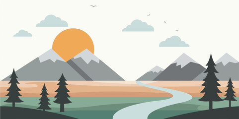Flat design landscape with sun mountains river and trees nature illustration