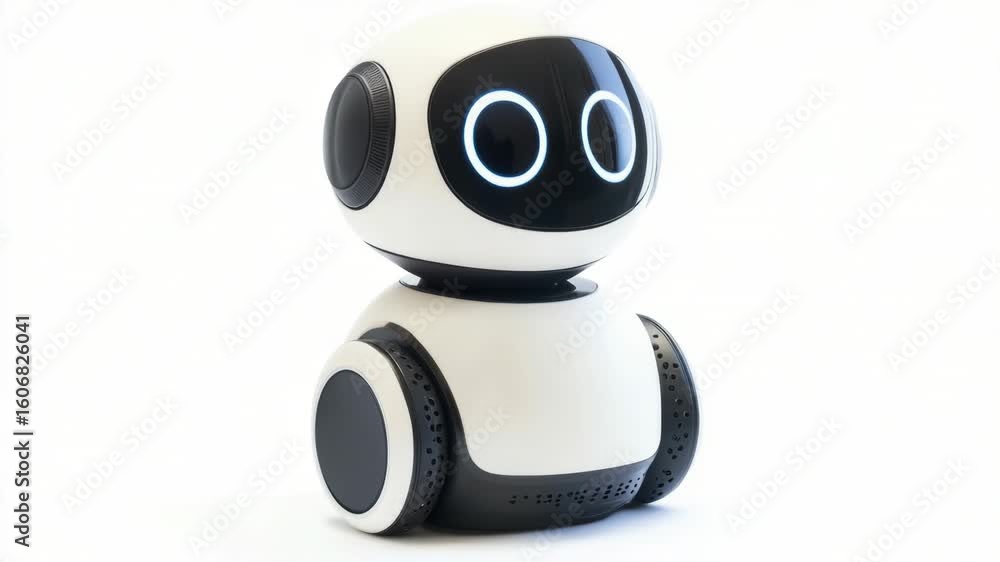Poster a small robot sitting on a white surface, possibly for display or testing