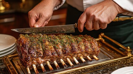 Professional chef carving herb-crusted rack of lamb at elegant carving station with ornate golden tray and white plates in premium restaurant setting