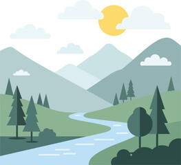 Flat design landscape with winding river and layered mountains under a sunny sky with clouds nature