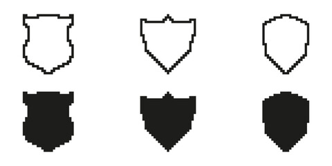 Pixel Art Shield Icon Set. Security And Protection Symbol Collection. Various Shield Designs In Pixelated Style. Isolated Vector Illustration