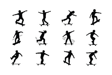 Skateboarder performing various tricks silhouette skateboarding