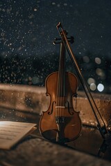 Rain-Drenched Violin with Water Droplets on Dark Moody Background