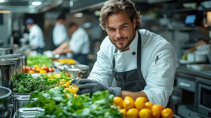 Chef cleaning kitchen counter with cloth in a busy yet spotless restaurant kitchen.