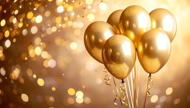 Gold balloons against a bokeh background of gold confetti