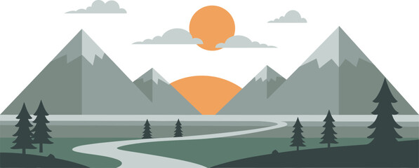 Flat design mountain landscape with winding river and pine trees at sunset nature