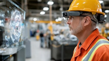 Visionary in the Workplace: A focused worker in a protective helmet uses futuristic glasses, staring intently at a digital schematic interface, in a modern industrial setting. - Powered by Adobe